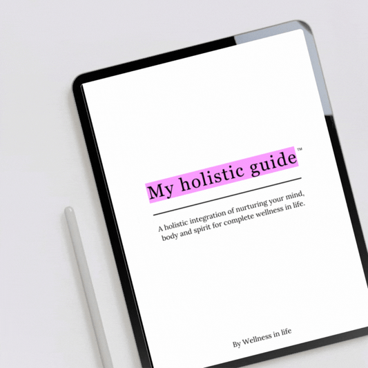 Digital eBook product called my holistic guide displaying the first 4 pages on a tablet. A guide to complete wellness in life and living with peace. Perfect for anyone ready to experience a holistic lifestyle through integration.