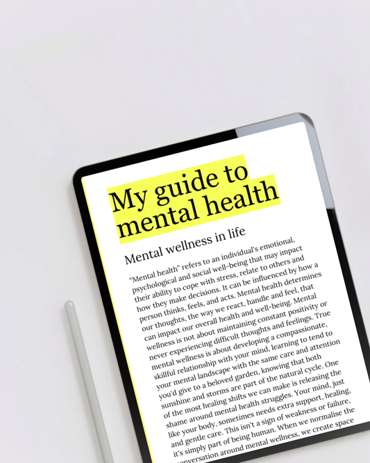 Digital eBook product called mental health guide displaying the first page on a tablet. A guide to becoming aware of our mentality and how to support your mental health. Perfect for anyone ready to support their mental wellness.