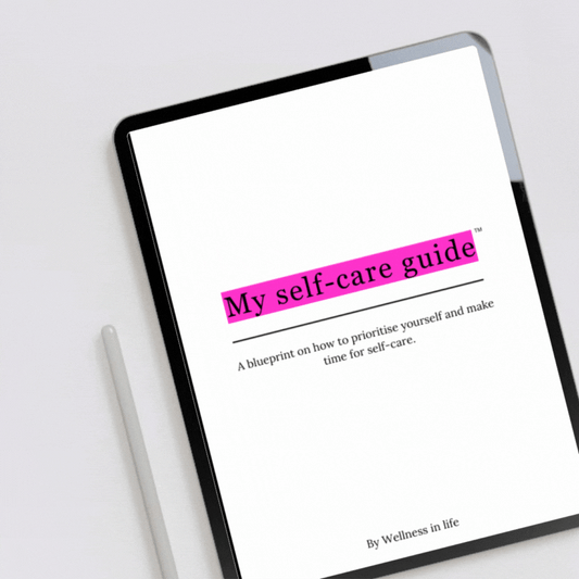 Digital eBook product called my self-care guide displaying the first 4 pages on a tablet. A guide to nurturing yourself without apologising and caring for yourself in ways that recharge and energise you. Perfect for anyone ready to put themselves first and learn how to support their needs.