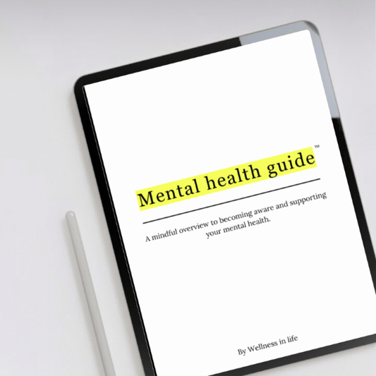 Digital eBook product called mental health guide displaying the first 4 pages on a tablet. A guide to becoming aware of our mentality and how to support your mental health. Perfect for anyone ready to support their mental wellness.