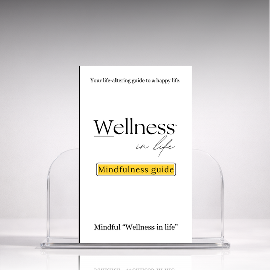 White digital eBook titled 'Mindfulness Guide' from 'Wellness In Life' in a professional hero photo on a stand with a white background. A 20 page blueprint on how to live mindfully in a world that constantly pulls your attention elsewhere.
