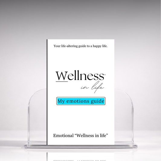 White digital eBook titled 'My Emotions Guide' from 'Wellness In Life' in a professional hero photo on a stand with a white background. A 20 page blueprint on how to build emotional capacity and create a healthier relationship with your feelings.
