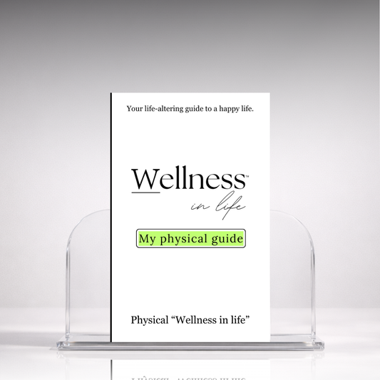 White digital eBook titled 'My Physical Guide' from 'Wellness In Life' in a professional hero photo on a stand with a white background. A 20 page blueprint on how to leave perfectionism and start caring for your body in ways that truly nurture it.
