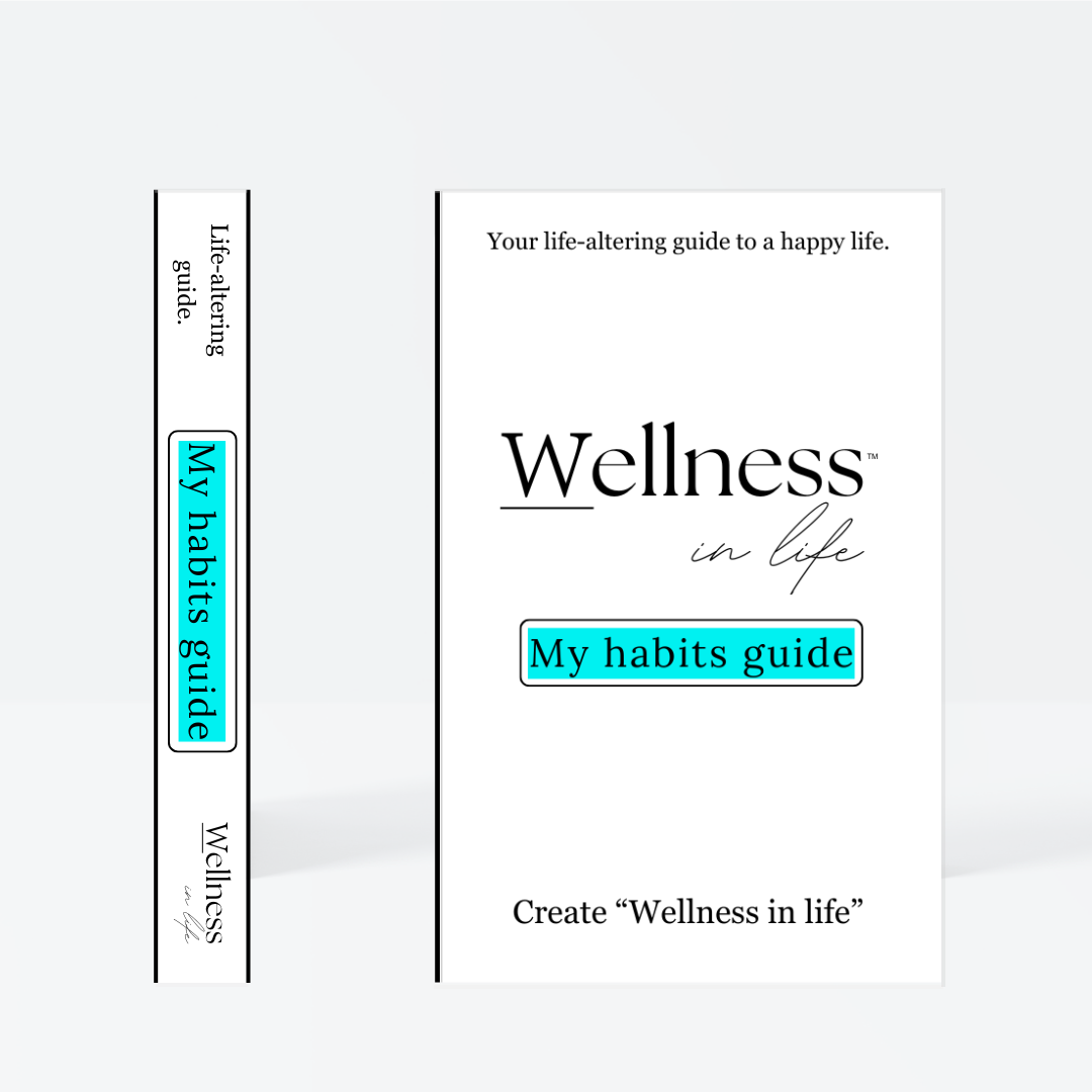 White digital eBook titled 'Wellness In Life' in a professional product photo. Displaying 'My habits guide' by wellness in life. A 20 page blueprint on how to create healthier habits in life and how to break toxic patterns or old habits that don't serve your highest good.