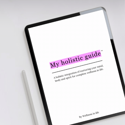 Digital eBook product called my holistic guide displaying the first 4 pages on a tablet. A guide to complete wellness in life and living with peace. Perfect for anyone ready to experience a holistic lifestyle through integration.