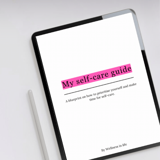 Digital eBook product called my self-care guide displaying the first 4 pages on a tablet. A guide to nurturing yourself without apologising and caring for yourself in ways that recharge and energise you. Perfect for anyone ready to put themselves first and learn how to support their needs.