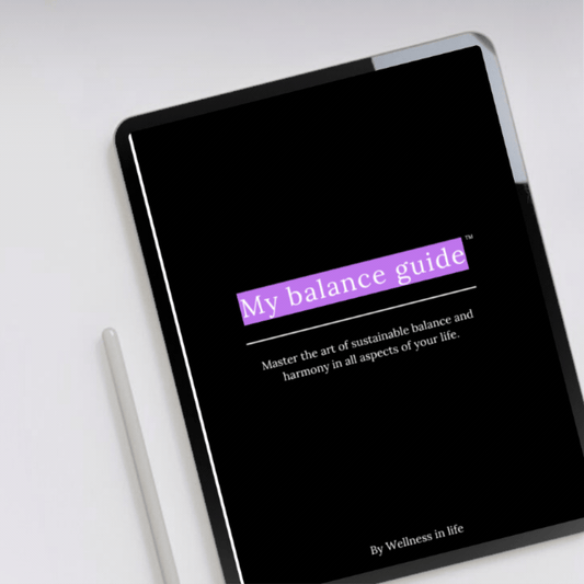 Digital eBook product called my balance guide displaying the first 4 pages on a tablet. A blueprint to creating sustainable balance and harmony in life. Perfect for anyone ready to design a balanced lifestyle.