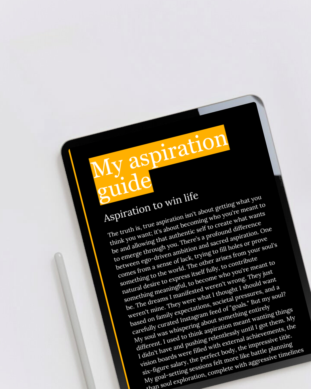 Digital eBook product called my aspiration guide displaying the first page on a tablet. A guide to following your dreams with purpose and alignment. Perfect for anyone ready to transform their dreams into reality.