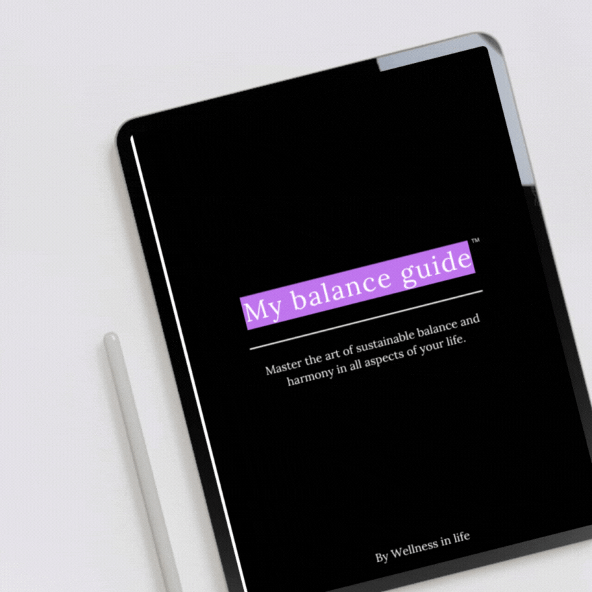 Digital eBook product called my balance guide displaying the first 4 pages on a tablet. A blueprint to creating sustainable balance and harmony in life.  Perfect for anyone ready to design a balanced lifestyle.