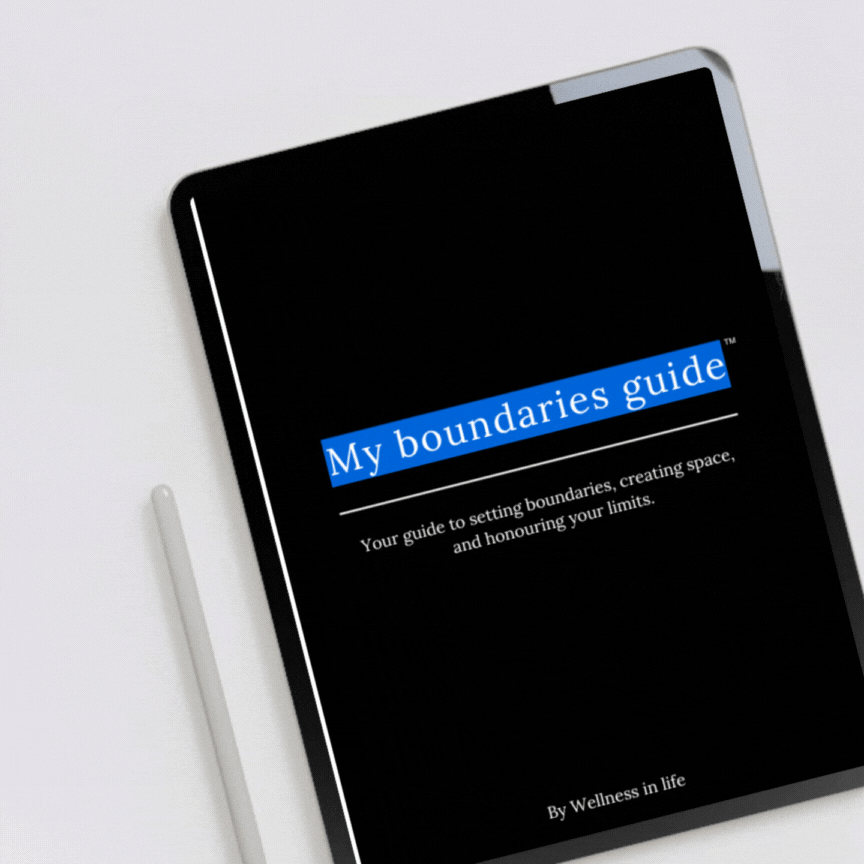 Digital eBook product called my boundaries guide displaying the first 4 pages on a tablet. A guide to creating space, honouring limits and personal freedom. Perfect for anyone ready to protect their energy, time and well-being.