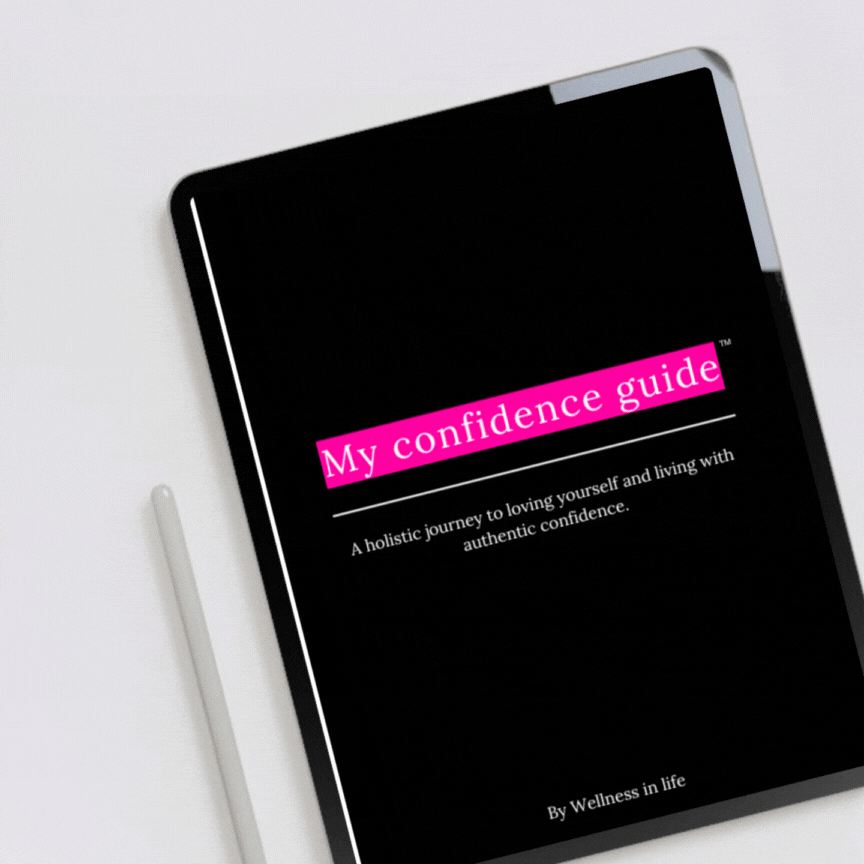 Digital eBook product called my confidence guide displaying the first 4 pages on a tablet. A blueprint to loving yourself and living with authentic confidence and self-worth. Perfect for anyone ready to build unshakable confidence and empower their life.