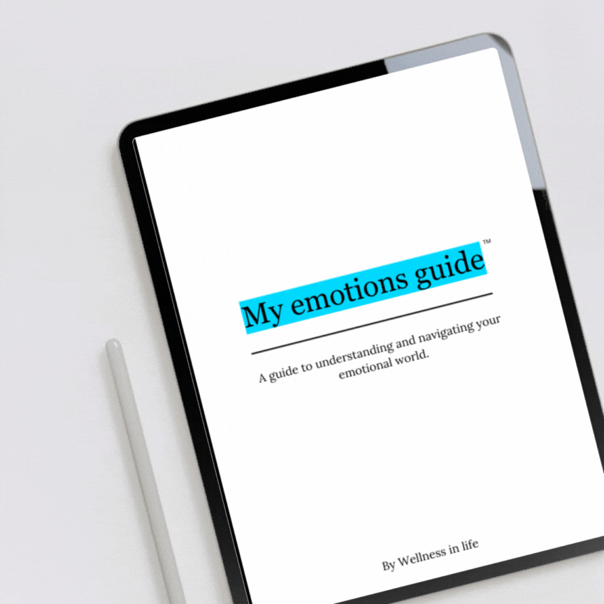 Digital eBook product called my emotions guide displaying the first 4 pages on a tablet. A guide to developing a healthier relationship with feelings and your inner world. Perfect for anyone ready to process difficult feelings with emotional intelligence and compassion.