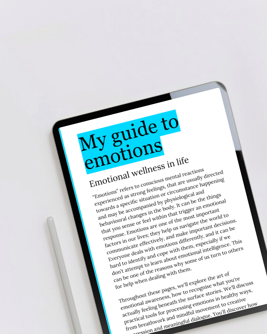 Digital eBook product called my emotions guide displaying the first page on a tablet. A guide to developing a healthier relationship with feelings and your inner world. Perfect for anyone ready to process difficult feelings with emotional intelligence and compassion.