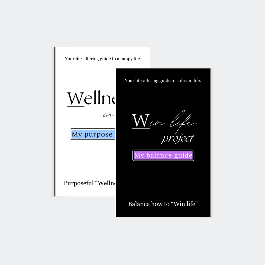 Two eBook covers, one titled 'Wellness in life' and the other titled 'Win life project' in the professional product photo bundle. It includes: "My purpose guide", "My balance guide". A bundle for a harmonious lifestyle. Guiding others to their own wellness in life and an authentic compass to winning life holistically.
