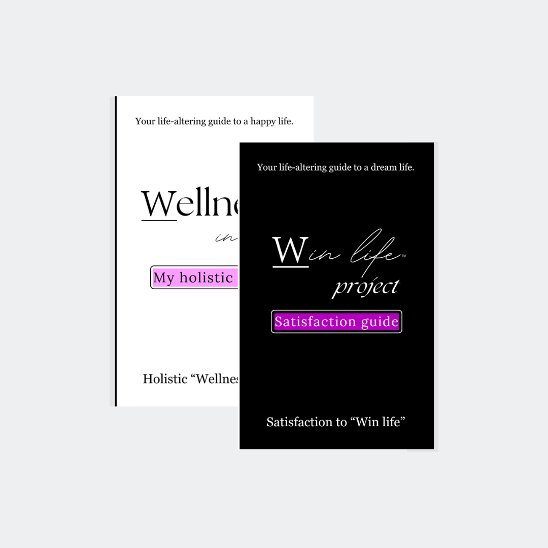Two eBook covers, one titled 'Wellness in life' and the other titled 'Win life project' in the professional product photo bundle. It includes: "My holistic guide", "Satisfaction guide". A holistic bundle for happiness. Guiding others to their own wellness in life and an authentic compass to winning life.