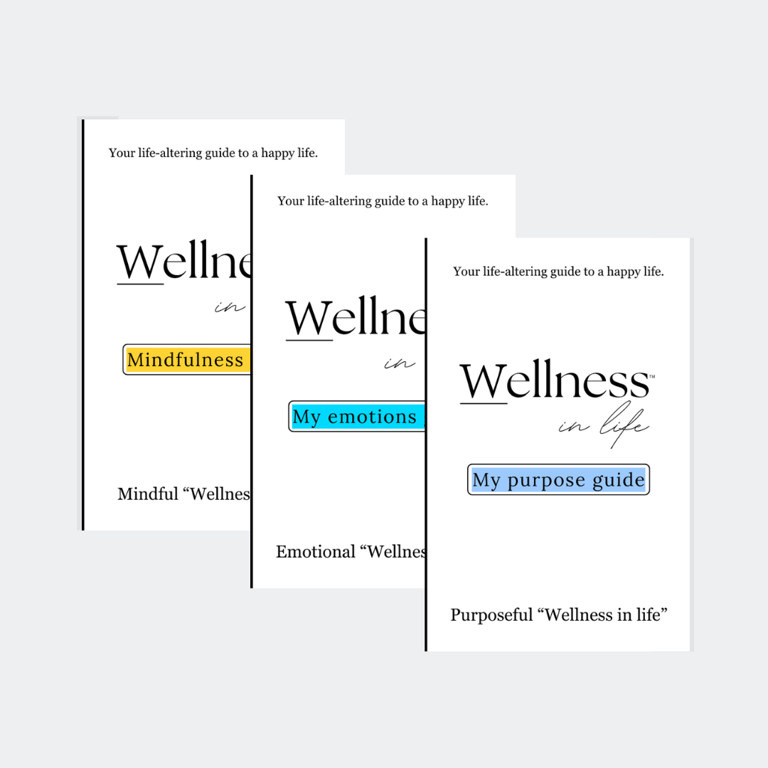Three white eBooks titled 'Wellness in life' in the professional product photo bundle. It includes: "Mindfulness guide", "My emotions guide", "My purpose guide". A bundle for inner peace essentials guiding others to their own wellness in life.