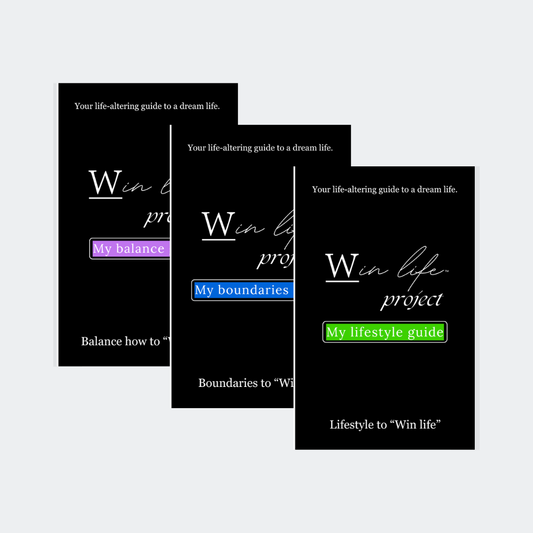 Three black eBooks titled 'Win life project' in the professional product photo bundle. It includes: "My balance guide", "My boundaries guide", "My lifestyle guide". A bundle for life renewal and unlocking a winning life holistically.
