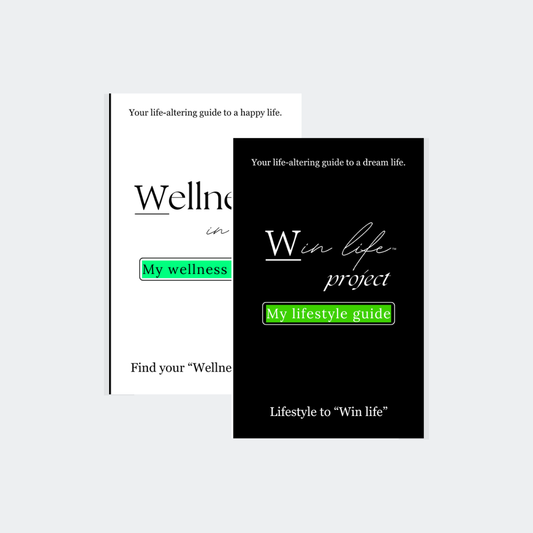 Two eBook covers, one titled 'Wellness in life' and the other titled 'Win life project' in the professional product photo bundle. It includes: "My wellness guide", "My lifestyle guide". A lifestyle refresh bundle. Guiding others to their own wellness in life and an authentic compass to winning life holistically.