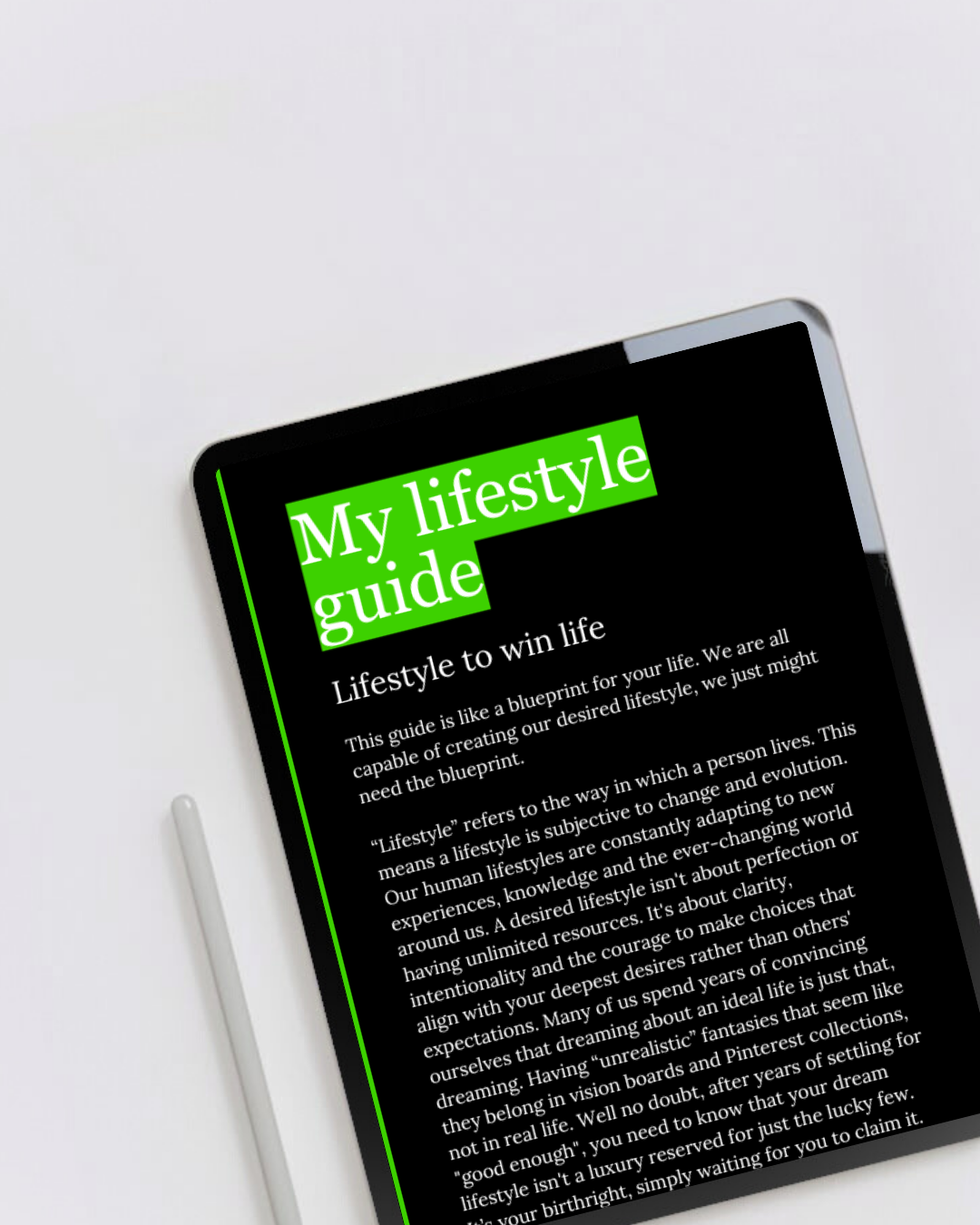 Digital eBook product called my lifestyle guide displaying the first page on a tablet. A blueprint for creating your dream lifestyle. Perfect for anyone ready to design a life that reflects their dreams, goals and values.