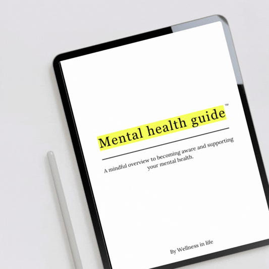 Digital eBook product called mental health guide displaying the first 4 pages on a tablet. A guide to becoming aware of our mentality and how to support your mental health. Perfect for anyone ready to support their mental wellness.