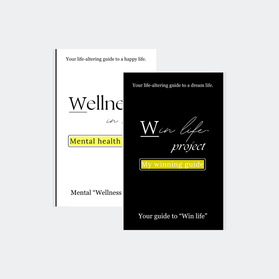 Two eBook covers, one titled 'Wellness in life' and the other titled 'Win life project' in the professional product photo bundle. It includes: "Mental health guide", "My winning guide". A bundle for mentality uplift. Guiding others to their own wellness in life and an authentic compass to winning life holistically.