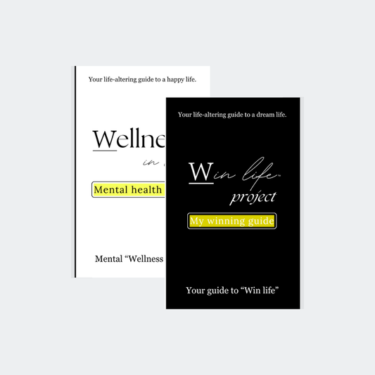 Two eBook covers, one titled 'Wellness in life' and the other titled 'Win life project' in the professional product photo bundle. It includes: "Mental health guide", "My winning guide". A bundle for mentality uplift. Guiding others to their own wellness in life and an authentic compass to winning life holistically.