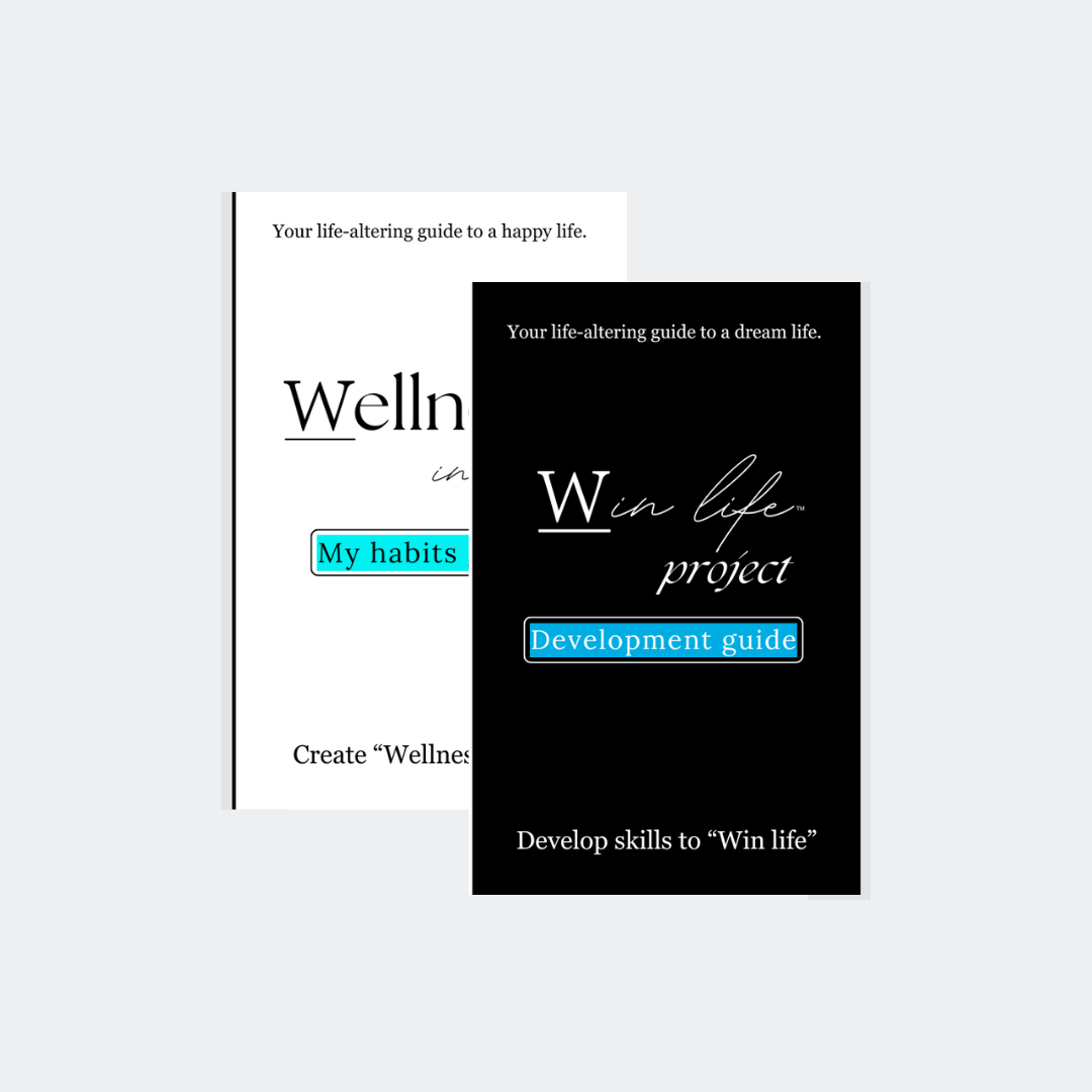 Two eBook covers, one titled 'Wellness in life' and the other titled 'Win life project' in the professional product photo bundle. It includes: "My habits guide", "Development guide". A bundle for next level growth. Guiding others to their own wellness in life and an authentic compass to winning life holistically.