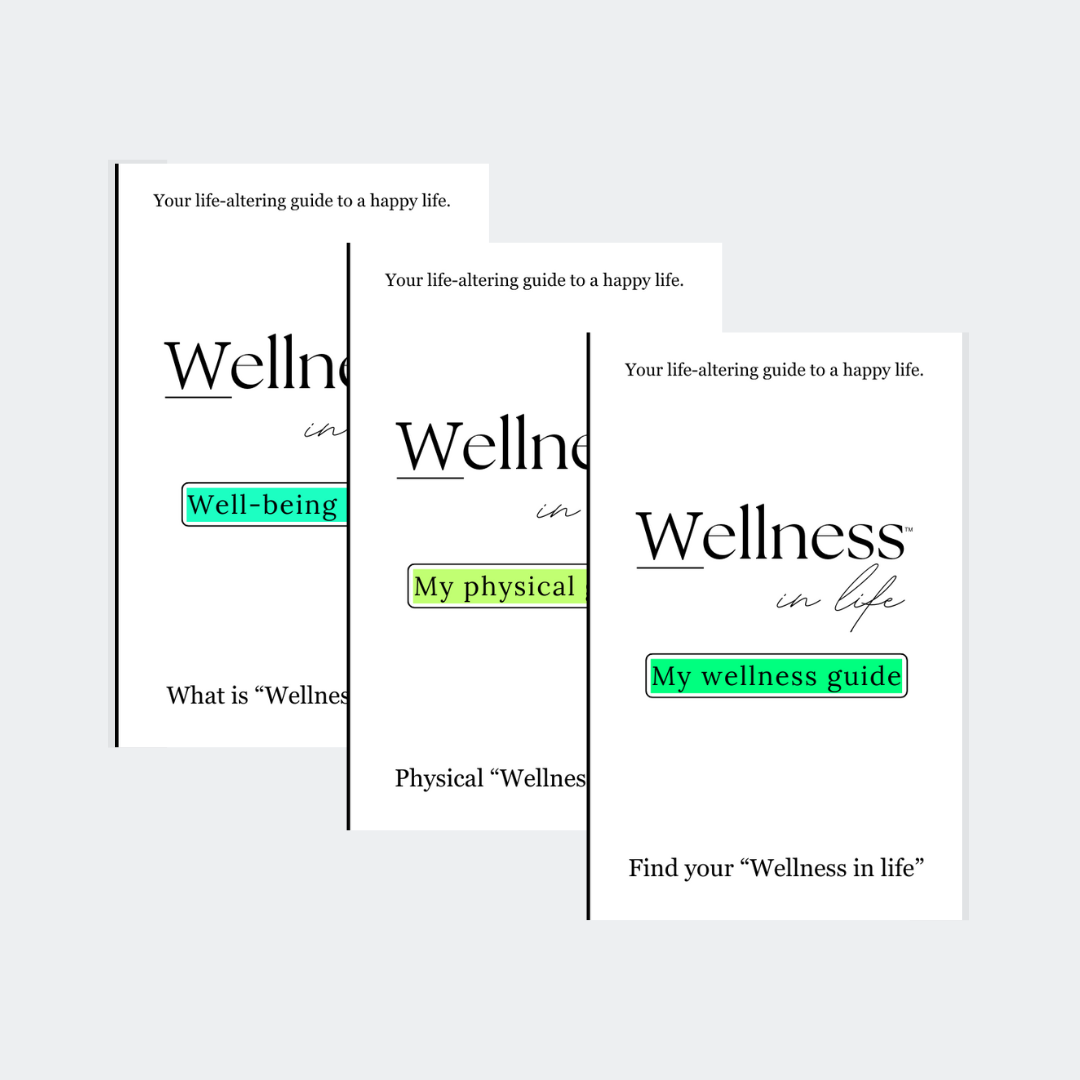 Three white eBooks titled 'Wellness in life' in the professional product photo bundle. It includes: "Well-being guide", "My physical guide", "My wellness guide". A bundle for personal growth and guiding others to their own wellness in life.