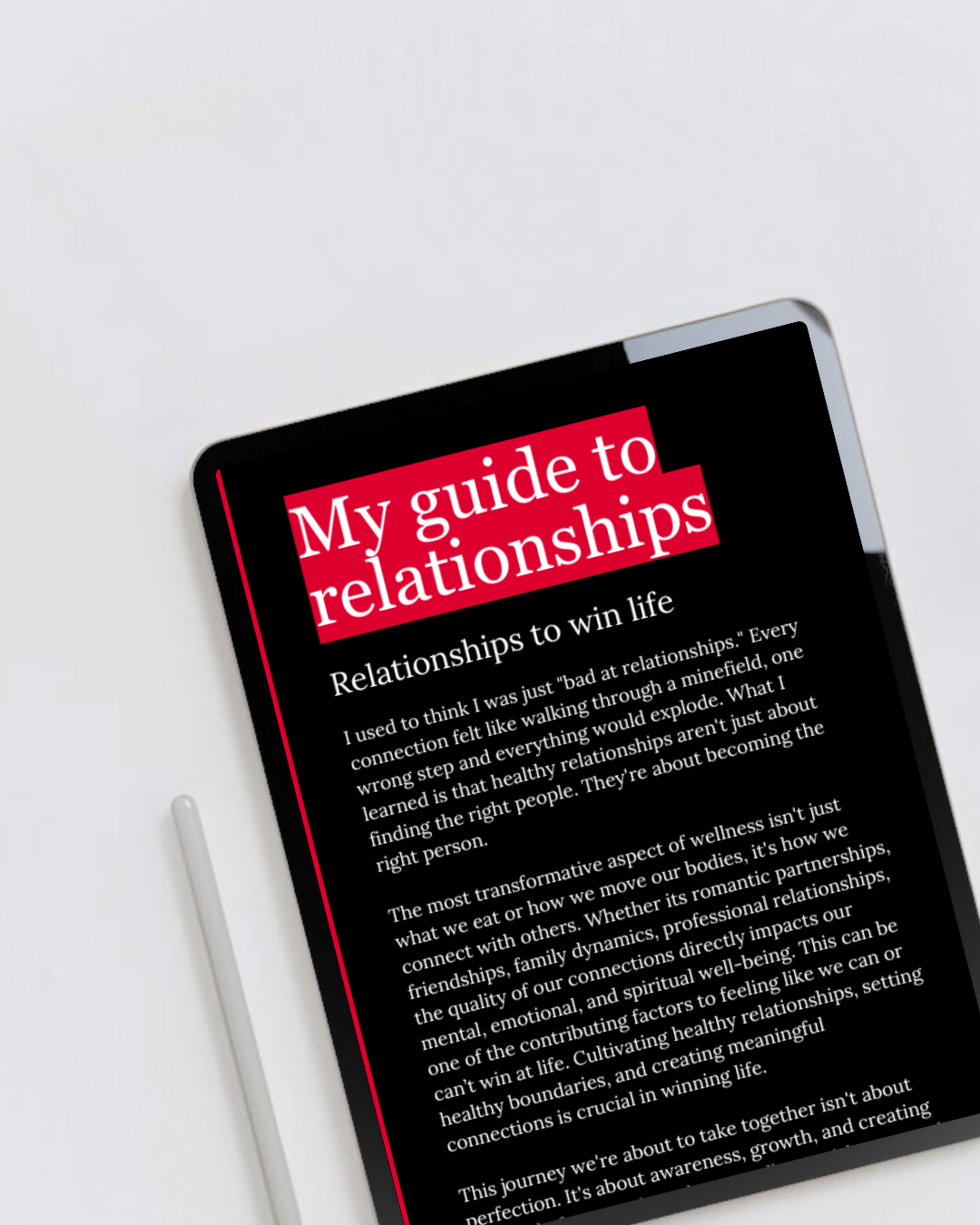 Digital eBook product called relationship guide displaying the first page on a tablet. A guide to building meaningful connections and healthier relationships, in every area of life. Perfect for anyone ready to feel connected and rich in life.