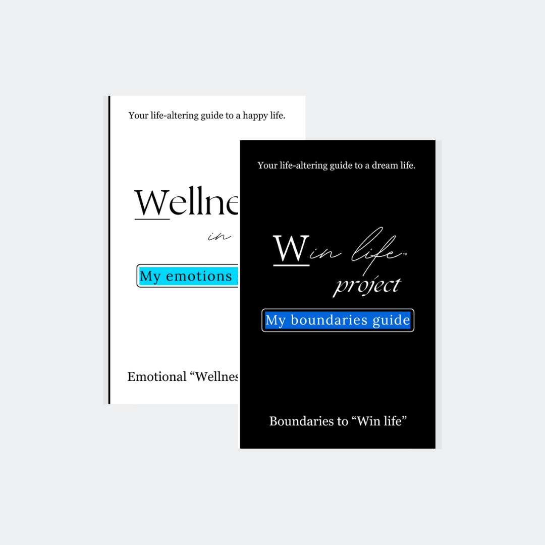 Two eBook covers, one titled 'Wellness in life' and the other titled 'Win life project' in the professional product photo bundle. It includes: "My emotions guide", "My boundaries guide". A bundle for a resilience and protection. Guiding others to their own wellness in life and an authentic compass to winning life holistically.