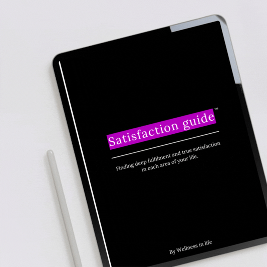 Digital eBook product called satisfaction guide displaying the first 4 pages on a tablet. A guide to finding deep fulfilment and true satisfaction in life. Perfect for anyone ready to experience a life that feels satisfying.