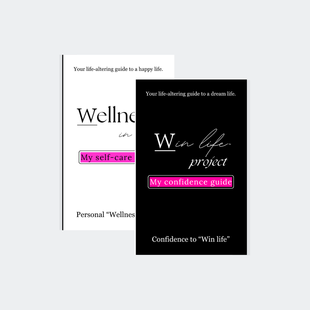 Two eBook covers, one titled 'Wellness in life' and the other titled 'Win life project' in the professional product photo bundle. It includes: "My self-care guide", "My confidence guide". A bundle for self-worth essentials. Guiding others to their own wellness in life and an authentic compass to winning life holistically.
