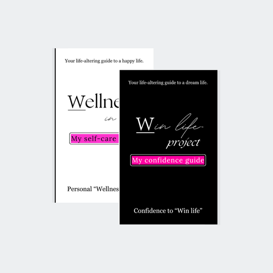 Two eBook covers, one titled 'Wellness in life' and the other titled 'Win life project' in the professional product photo bundle. It includes: "My self-care guide", "My confidence guide". A bundle for self-worth essentials. Guiding others to their own wellness in life and an authentic compass to winning life holistically.