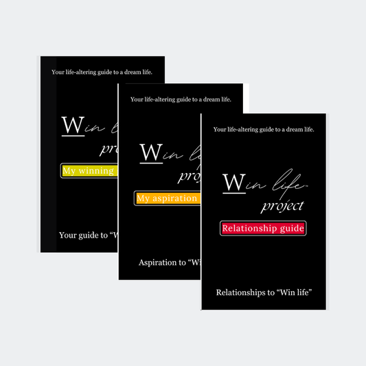 Three black eBooks titled 'Win life project' in the professional product photo bundle. It includes: "My winning guide", "My aspiration guide", "Relationship guide".
A bundle for success essentials to winning life holistically.