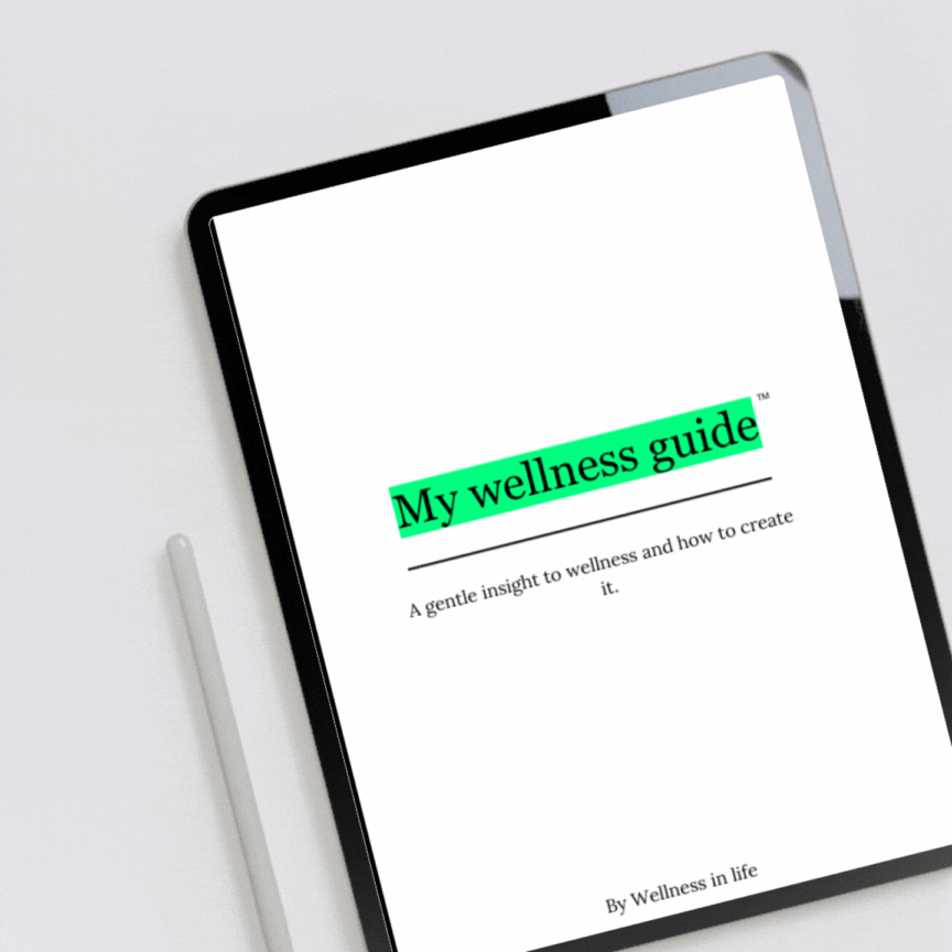 Digital eBook product called my wellness guide displaying the first 4 pages on a tablet. A blueprint to true wellness and how to create it. Perfect for anyone ready to create lasting wellness that truly honours who they are.