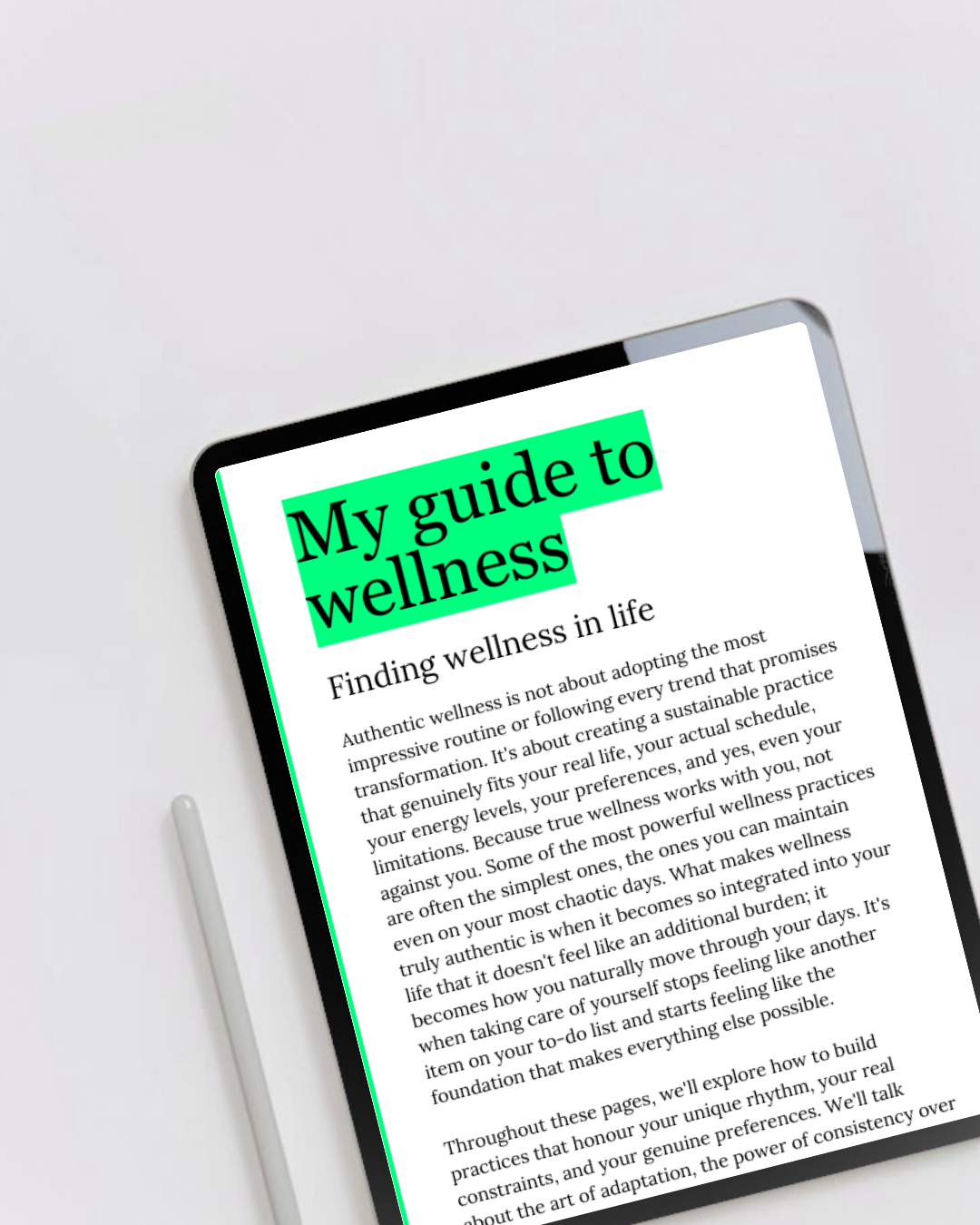 Digital eBook product called my wellness guide displaying the first page on a tablet. A blueprint to true wellness and how to create it. Perfect for anyone ready to create lasting wellness that truly honours who they are.