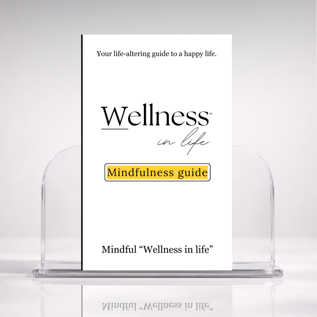 White digital eBook titled 'Mindfulness Guide' from 'Wellness In Life' in a professional hero photo on a stand with a white background. A 20 page blueprint on creating mindfulness throughout life, more moments of awareness and finding true presence.