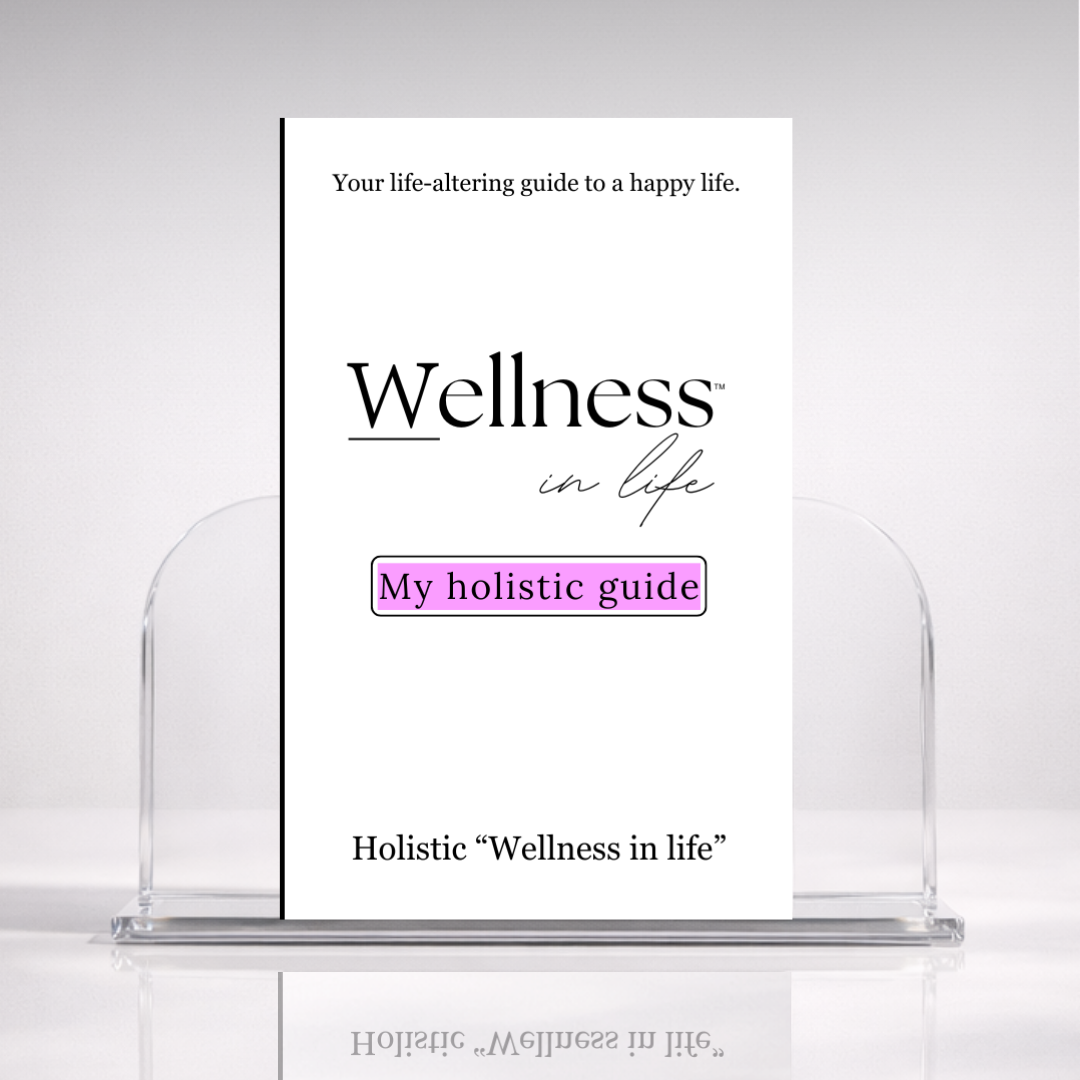 White digital eBook titled 'My Holistic Guide' from 'Wellness In Life' in a professional hero photo on a stand with a white background. A 20 page blueprint on how to find and create holistic wellness and explore what wholeness really means in life.