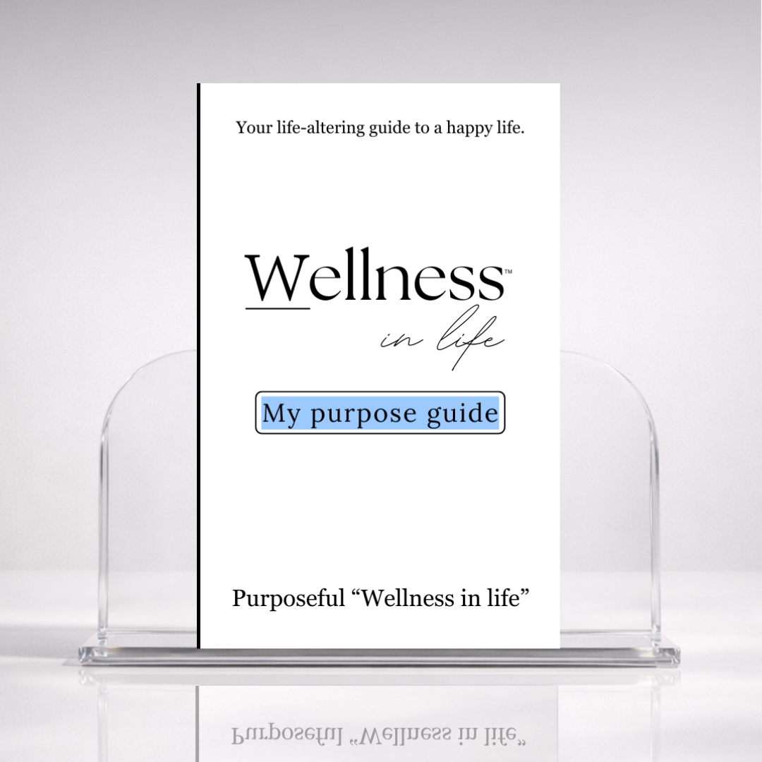 White digital eBook titled 'My Purpose Guide' from 'Wellness In Life' in a professional hero photo on a stand with a white background. A 20 page blueprint on how to find and fulfil your purpose in life, understanding what it truly means to follow your purpose.