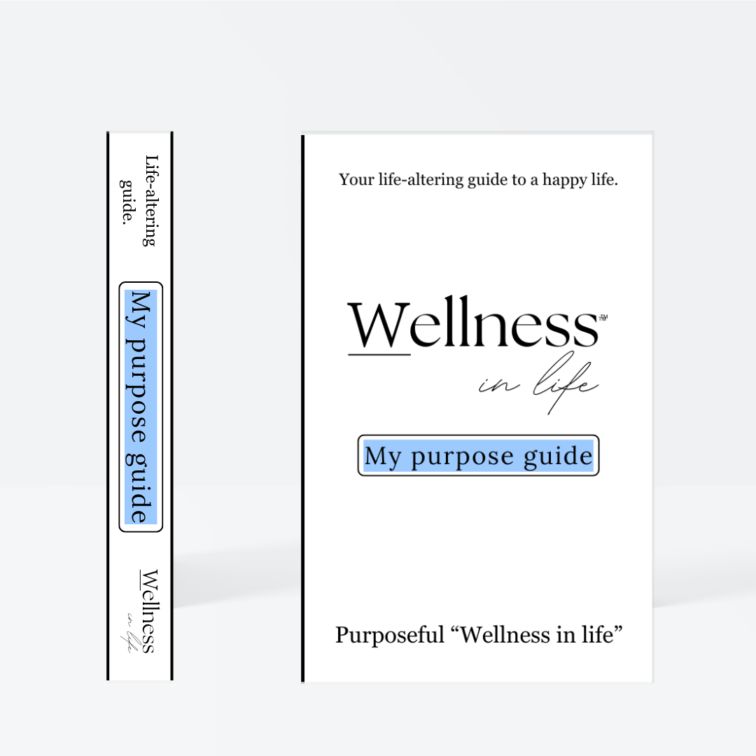White digital eBook titled 'Wellness In Life' in a professional product photo. Displaying 'My purpose guide' by wellness in life. A 20 page blueprint on how to find and fulfil your purpose in life, understanding what it truly means to follow your purpose.