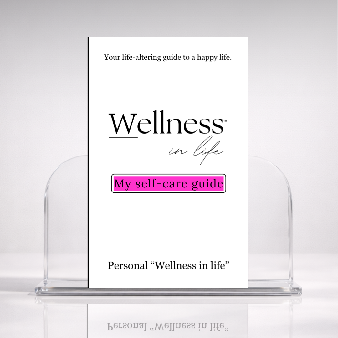 White digital eBook titled 'My Self-Care Guide' from 'Wellness In Life' in a professional hero photo on a stand with a white background. A 20 page blueprint on personal wellness in life, creating healthy routines and boundaries that support self-care and guidance on creating self-respect and honouring your limits.