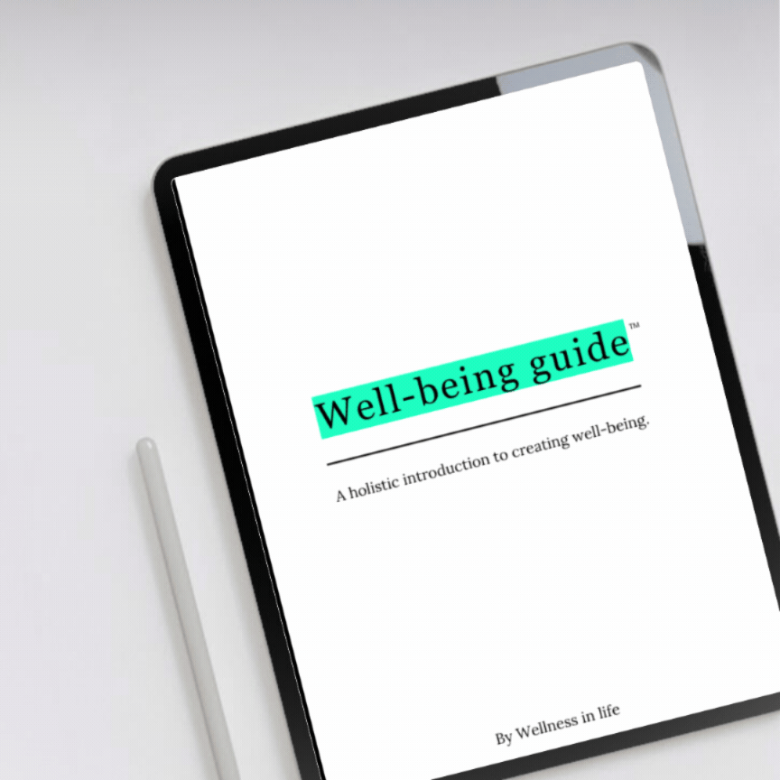 Digital eBook product called well-being guide displaying the first 4 pages on a tablet. A guide to thriving in all areas of life. Perfect for anyone ready to create holistic well-being that honours every part of who they are.