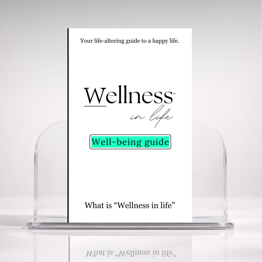 White digital eBook titled 'Well-being Guide' from 'Wellness In Life' in a professional hero photo on a stand with a white background. A 20 page blueprint on understanding what true well-being is and honouring your own well-being in ways that actually matter to you.