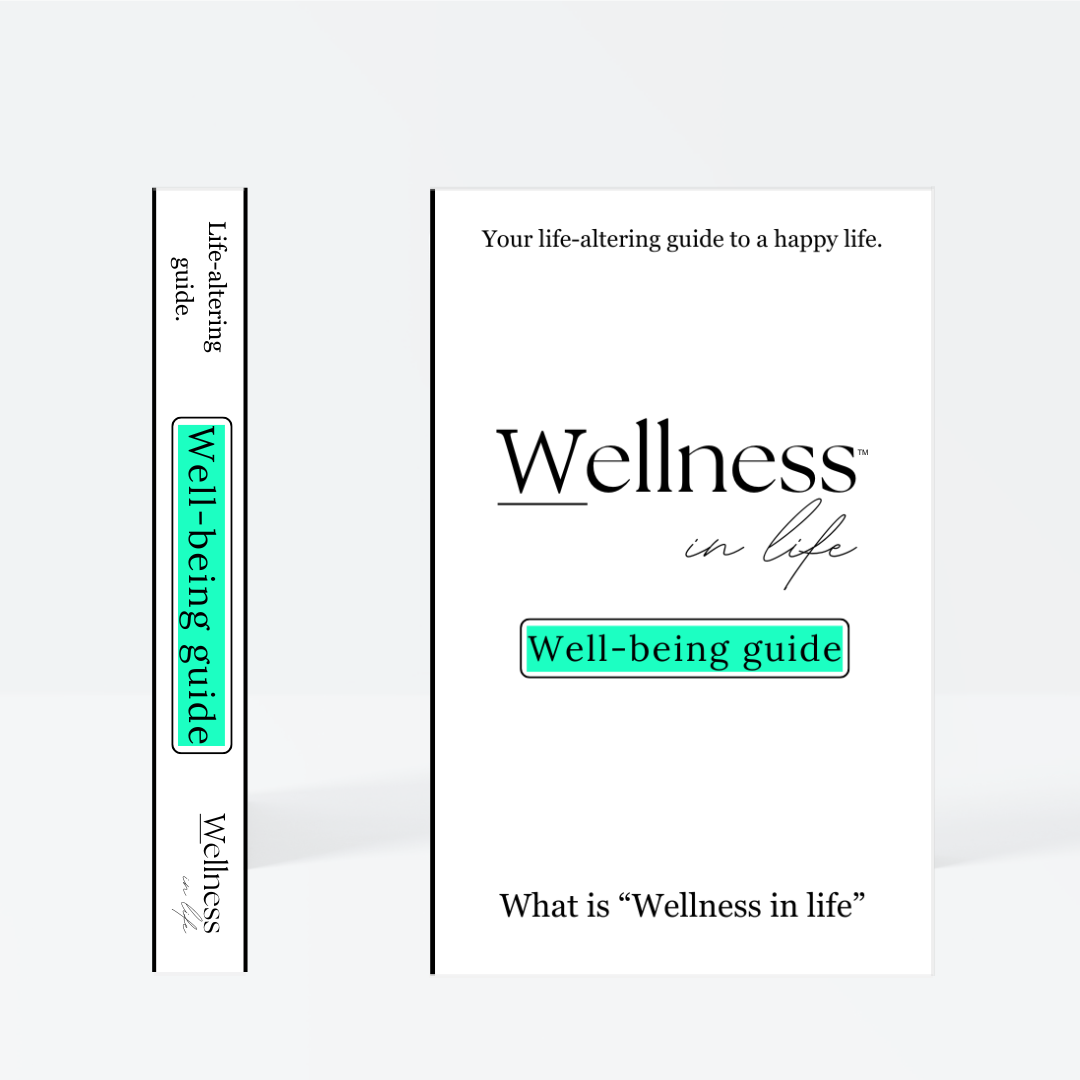 White digital eBook titled 'Wellness In Life' in a professional product photo. Displaying 'Well-being guide' by wellness in life. A 20 page blueprint on understanding what true well-being is and honouring your own well-being in ways that matter to you.