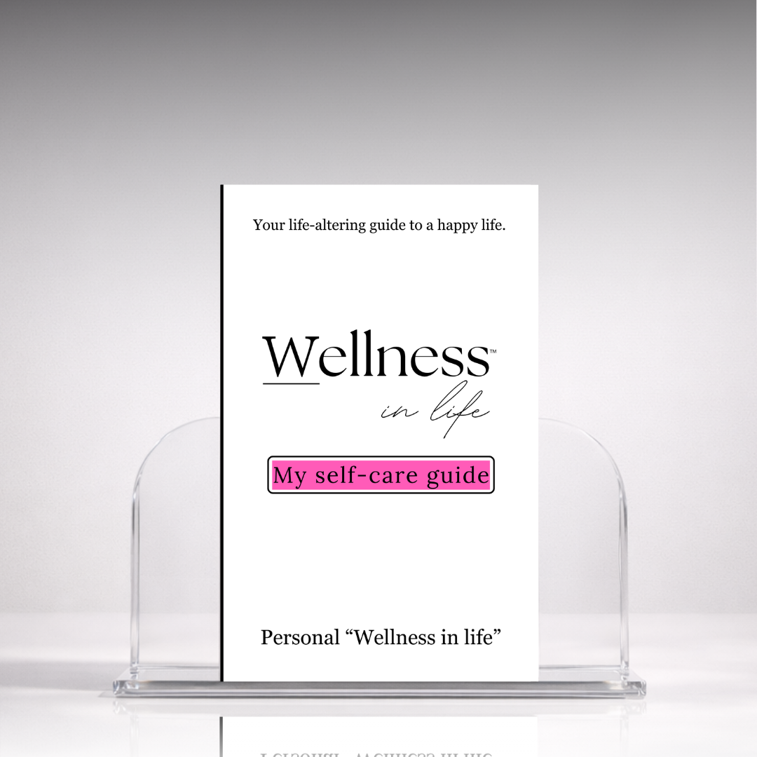 White digital eBook titled 'My Self-Care Guide' from 'Wellness In Life' in a professional hero photo on a stand with a white background. A 20 page blueprint on personal wellness in life, creating healthy routines and boundaries that support self-care and guidance on creating self-respect and honouring your limits.