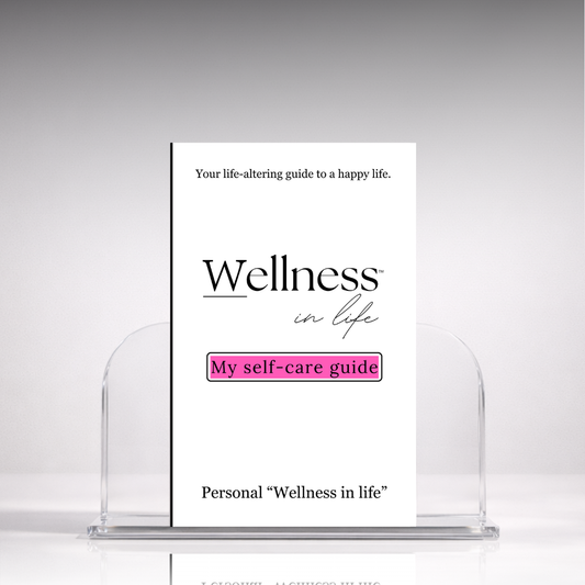 White digital eBook titled 'My Self-Care Guide' from 'Wellness In Life' in a professional hero photo on a stand with a white background. A 20 page blueprint on personal wellness in life, creating healthy routines and boundaries that support self-care and guidance on creating self-respect and honouring your limits.