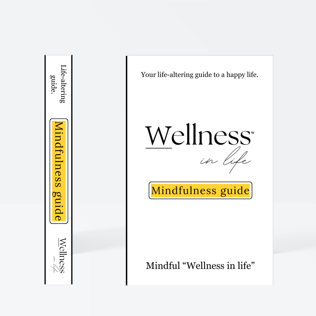 White digital eBook titled 'Wellness In Life' in a professional product photo. Displaying 'Mindfulness guide' by wellness in life. A 20 page blueprint on creating mindfulness throughout life, more moments of awareness and finding true presence.