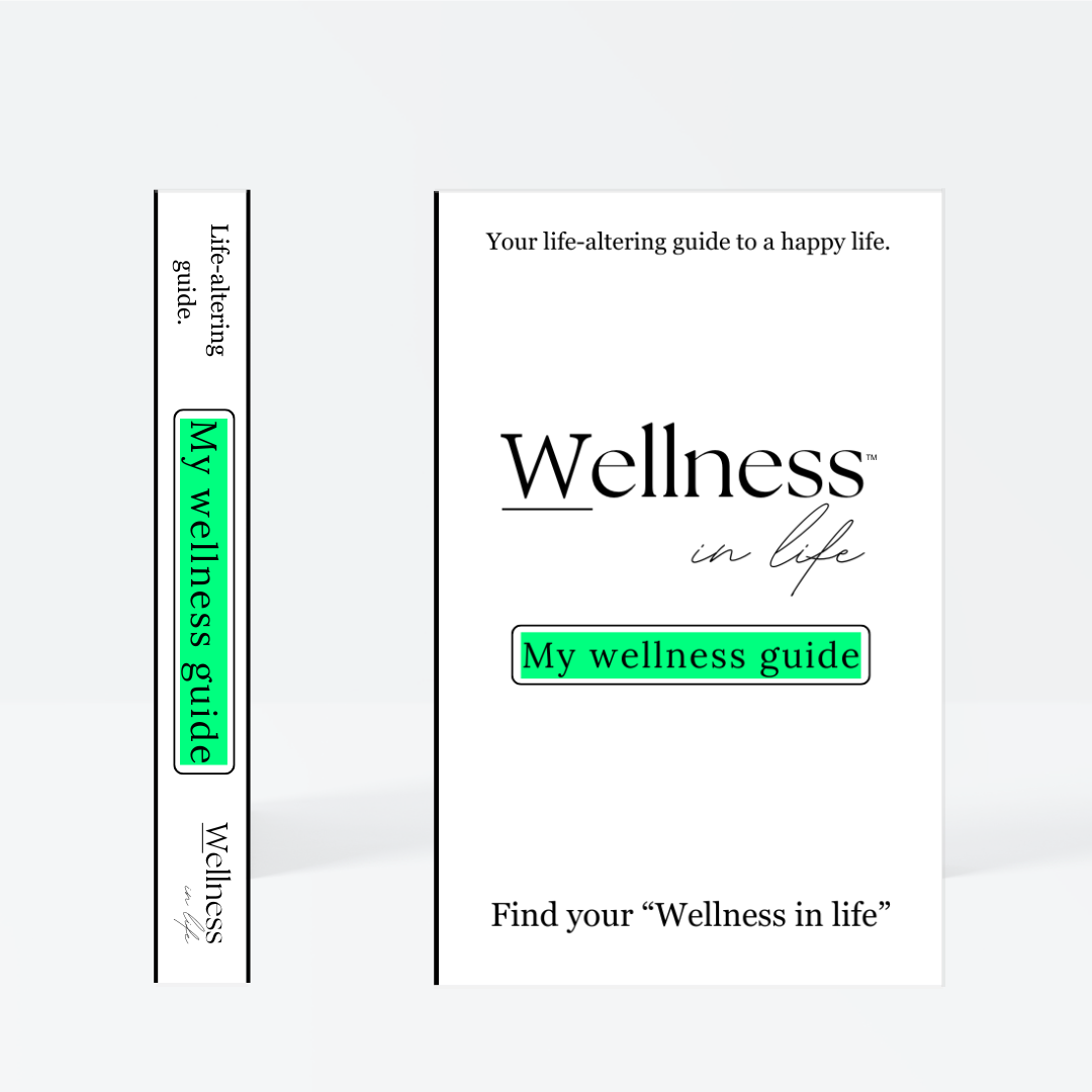 White digital eBook titled 'Wellness In Life' in a professional product photo. Displaying 'My wellness guide' by wellness in life. A 20 page blueprint on finding and creating true wellness in life not just societal definitions of 'wellness'.