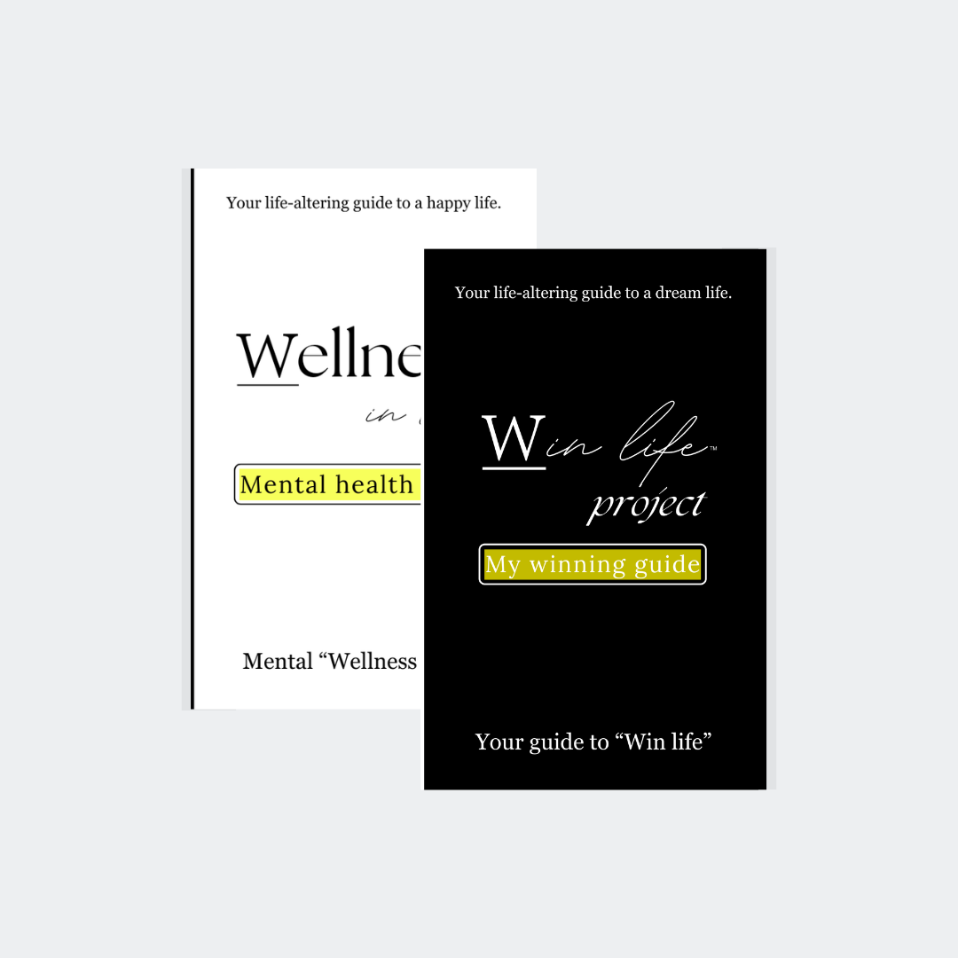 Two eBook covers, one titled 'Wellness in life' and the other titled 'Win life project' in the professional product photo bundle. It includes: "Mental health guide", "My winning guide". A bundle for mentality uplift. Guiding others to their own wellness in life and an authentic compass to winning life holistically.
