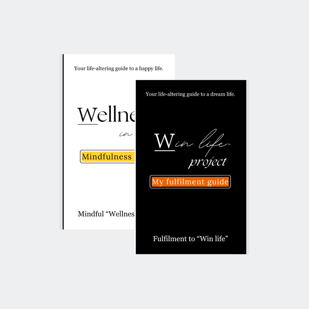 Two eBook covers, one titled 'Wellness in life' and the other titled 'Win life project' in the professional product photo bundle. It includes: "Mindfulness guide", "My fulfilment guide". A bundle for a wholeness reset. Guiding others to their own wellness in life and an authentic compass to winning life holistically.